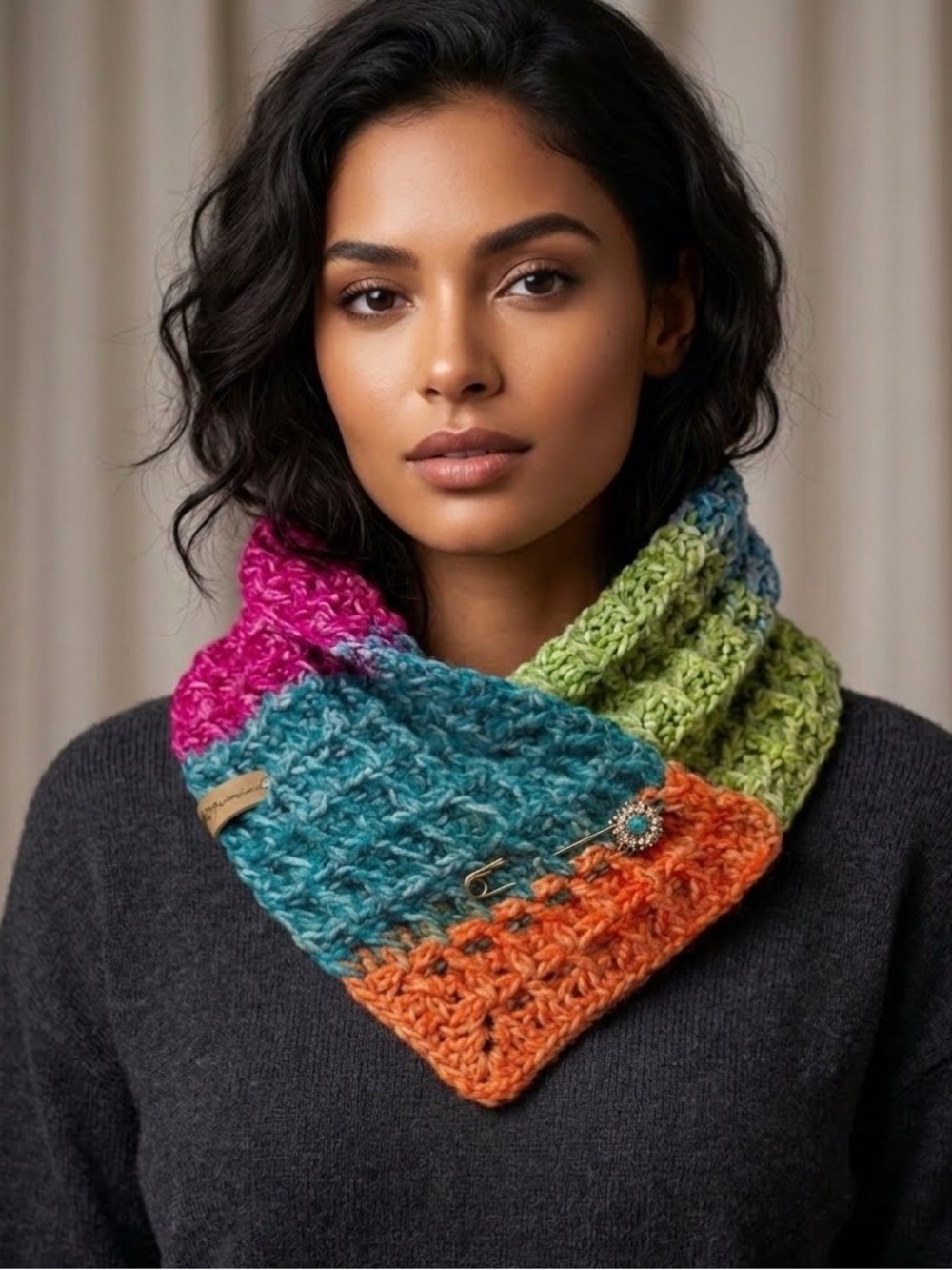 Multicolor Hand Crocheted Chunky Neckwarmer (pin included)